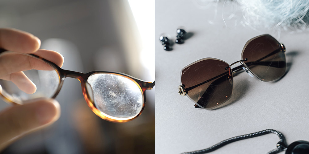two images of glasses and sunglasses with scratched lenses