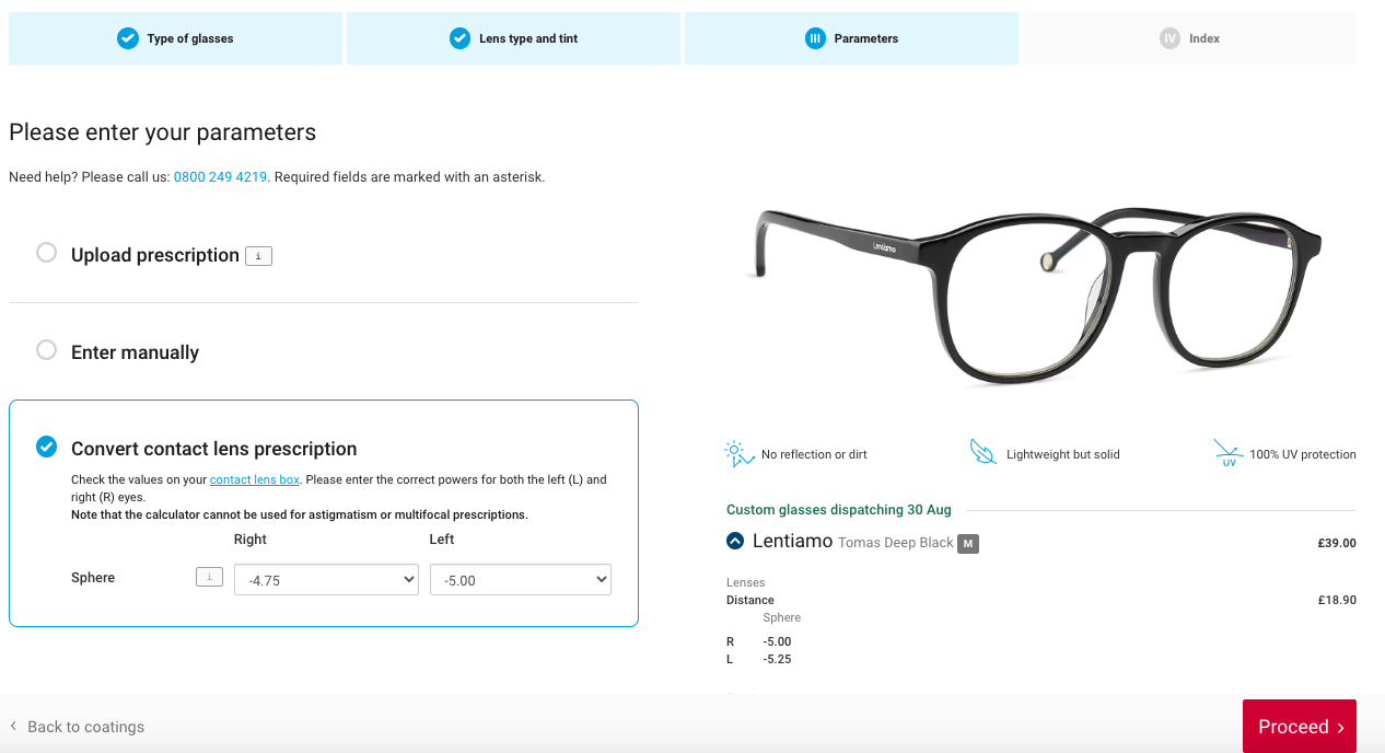 screenshot of prescription conversion calculator at checkout